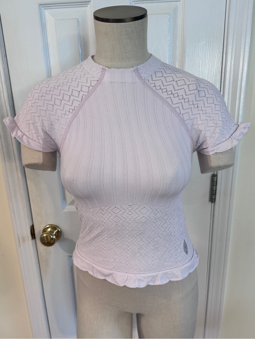 Free People Pointelle Knit Open Back Ruffle Hem Top Blush Pink Cottagecore S